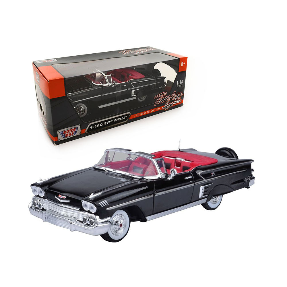 Motormax Licensed 1:18 Scale Chevrolet Impala 1958 Diecast Model Car Black & Red