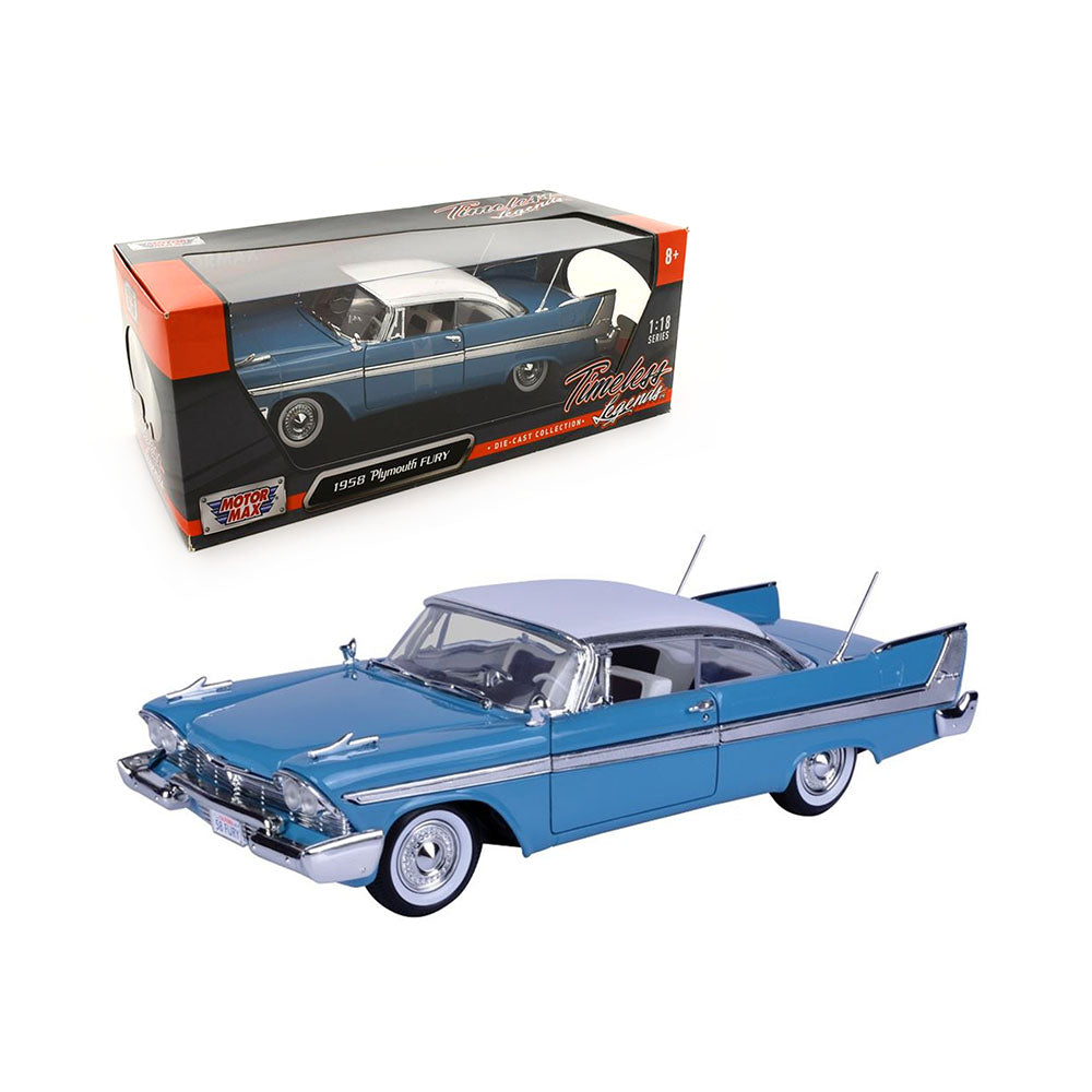 Motormax Licensed 1:18 Scale Plymouth Fury 1958 Diecast Model Car Blue & White