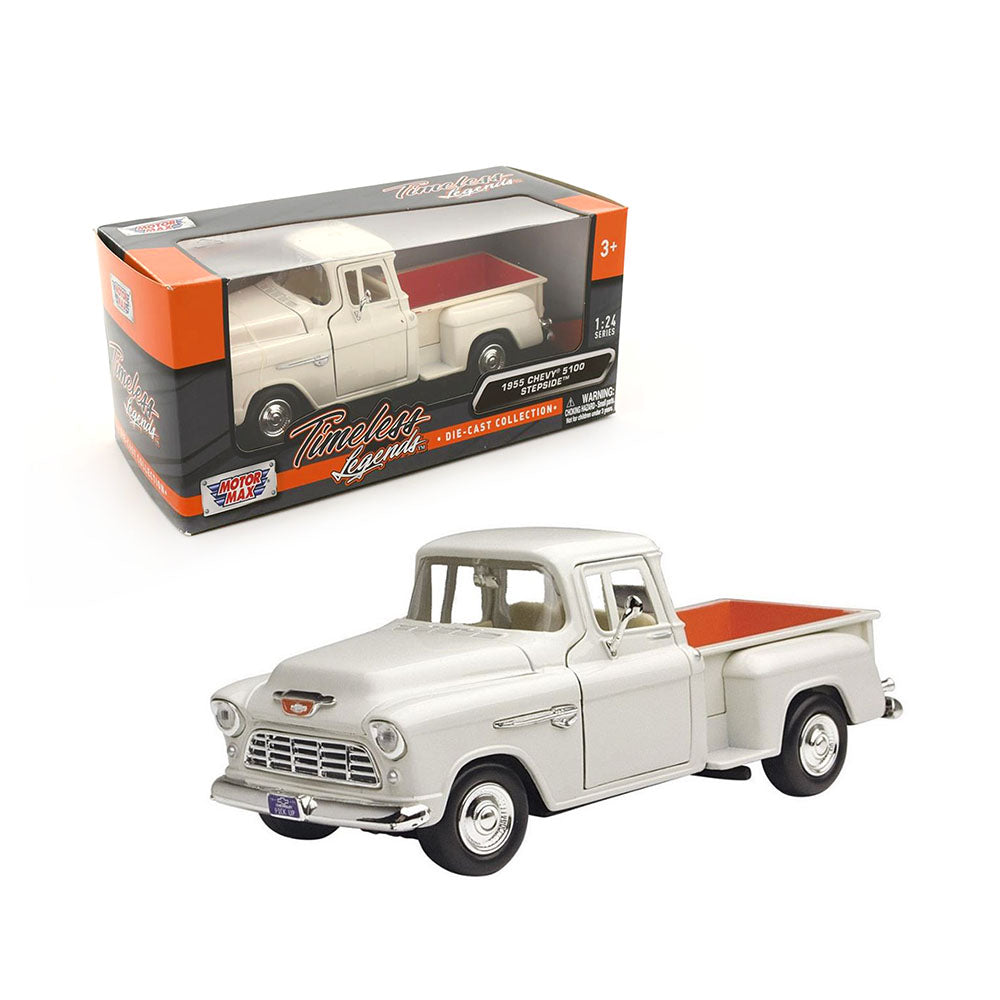 Motormax Licensed 1:24 Scale Chevy 5100 Stepside 1955 Diecast Model Car White