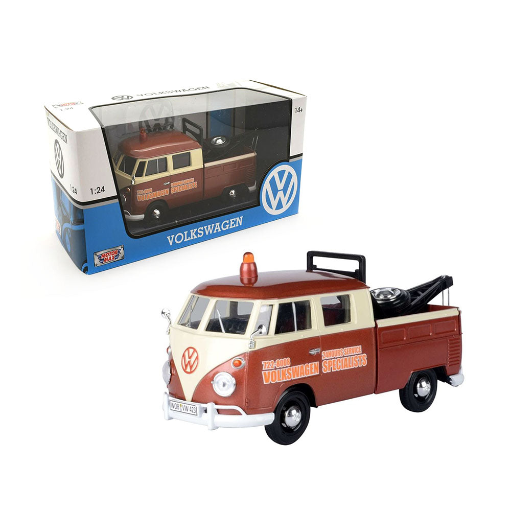 Motormax Licensed 1:24 Scale Tow Truck Volkswagen Type 2 Pickup Diecast Model Car Brown & Beige