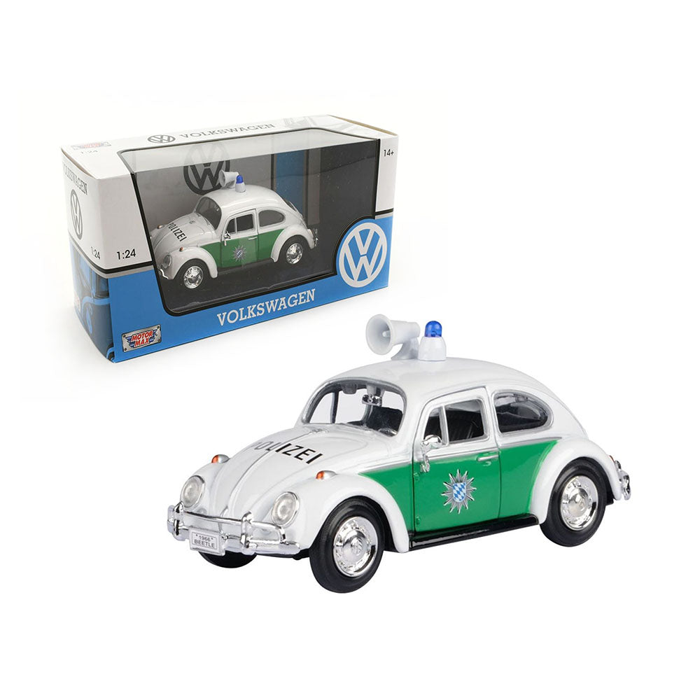 Motormax Licensed 1:24 Scale Volkswagen Classic Beetle German Police 1966 Diecast Model Car White & Green