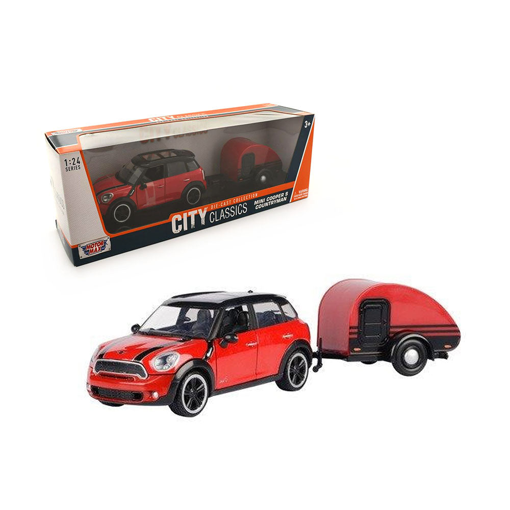 Motormax Licensed 1:24 Scale Mini Cooper S Countryman With Trailer Diecast Model Car Red & Black