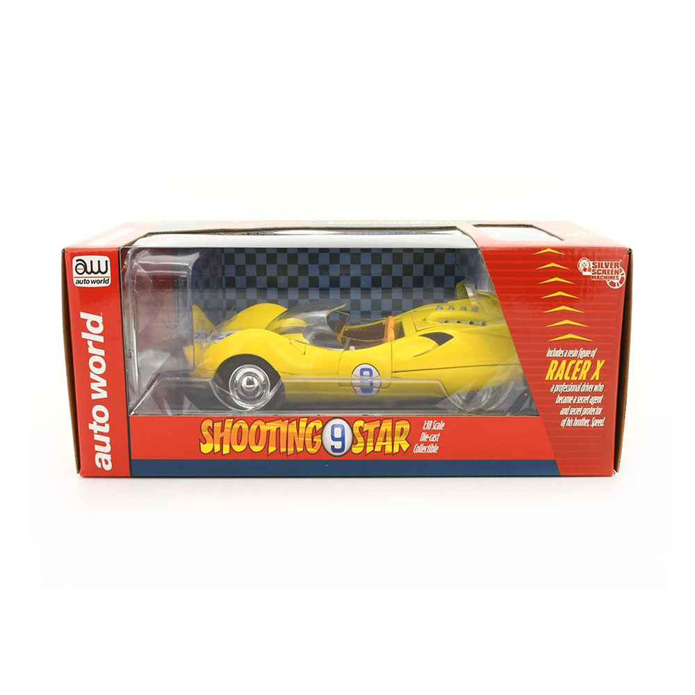 AutoWorld 1:18 Scale Shooting Star #9 With Racer X Figure Diecast Model Toy Yellow
