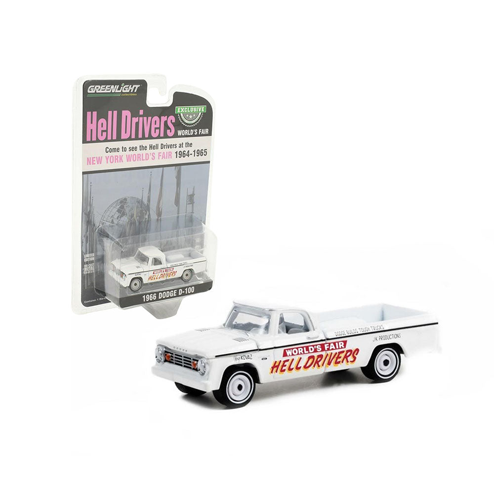 Greenlight Licensed 1:64 Scale Dodge D-100 World's Fair Hell Drivers 1966 Diecast Model Car White & Red