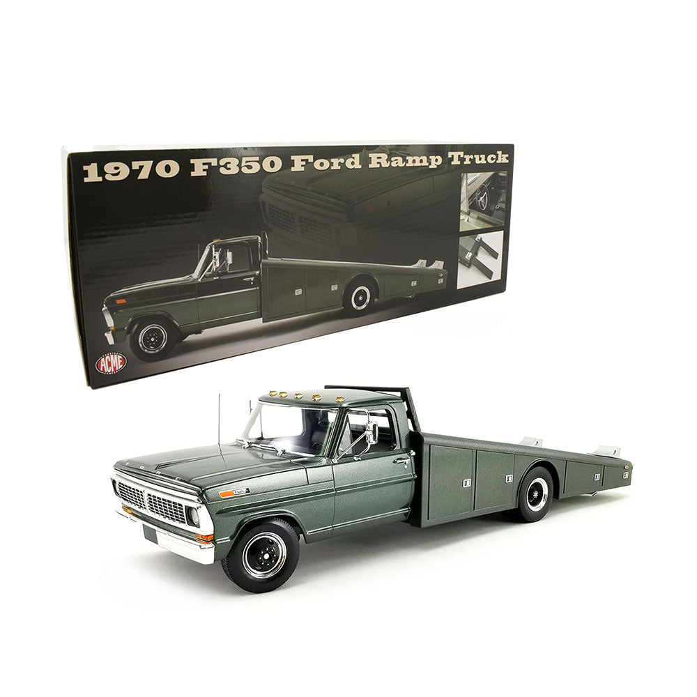 Acme Licensed 1:18 Scale Ford F-350 Ramp Truck 1970 Diecast Model Toy Highland Green