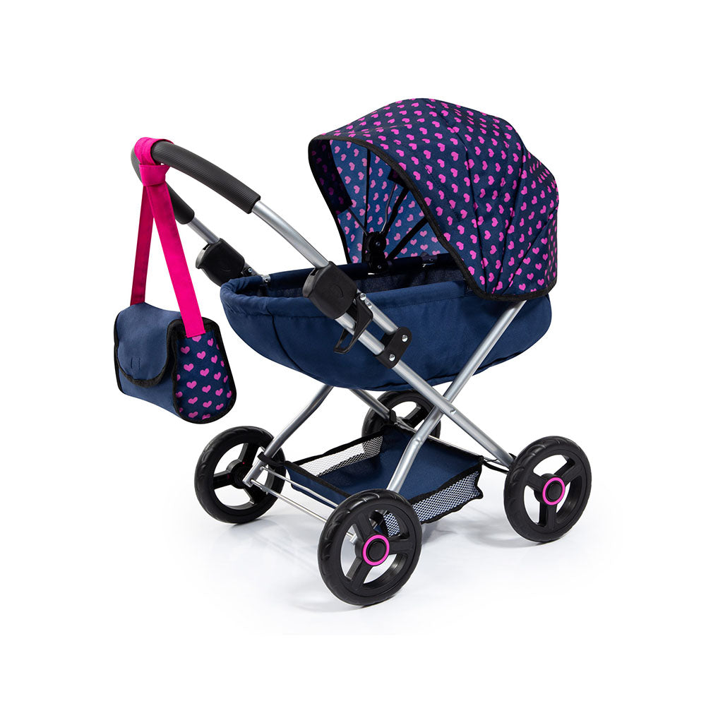 Bayer Cosy Doll Pram Dark Blue With Pink Hearts And Unicorn For Below 46cm Dolls