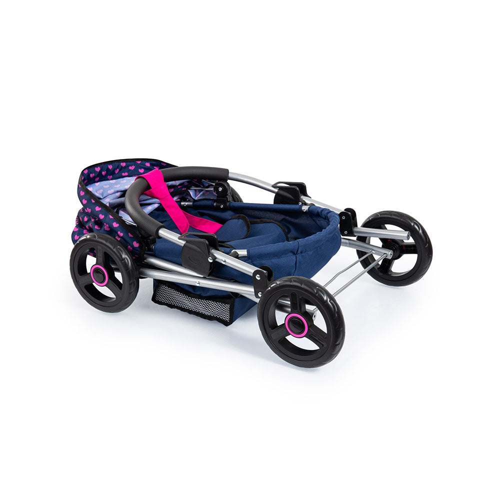 Bayer Cosy Doll Pram Dark Blue With Pink Hearts And Unicorn For Below 46cm Dolls