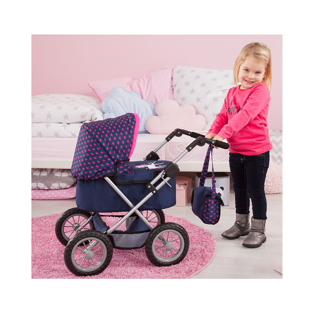 Bayer Trendy Doll Pram Toy Dark Blue With Pink Hearts & Unicorn For Baby 3y+