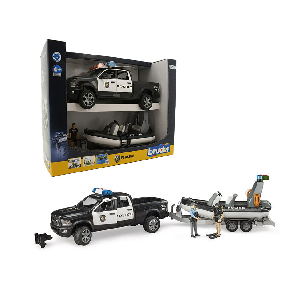 Bruder Licensed 1:16 Scale RAM 2500 Police Pickup Trailer With Boat Model Toy