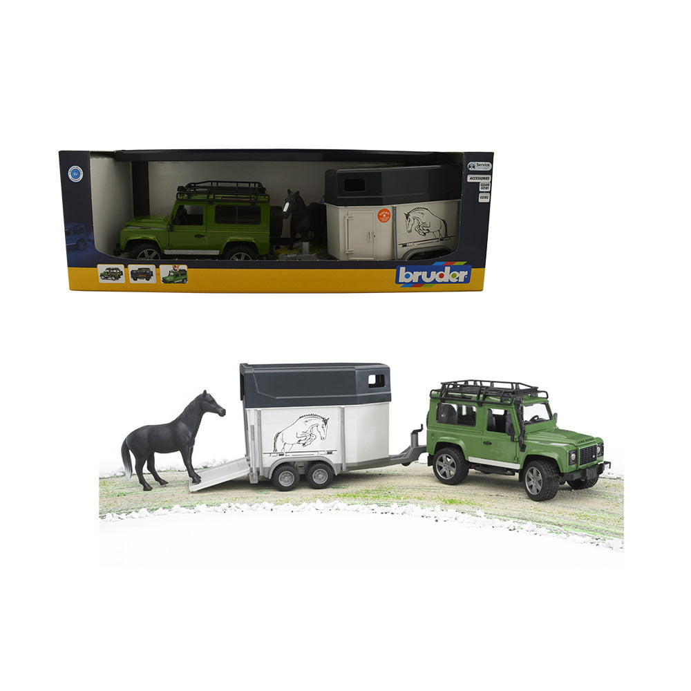 Bruder Licensed 1:16 Scale Land Rover Defender Station Wagon With Horse Trailer Model Toy