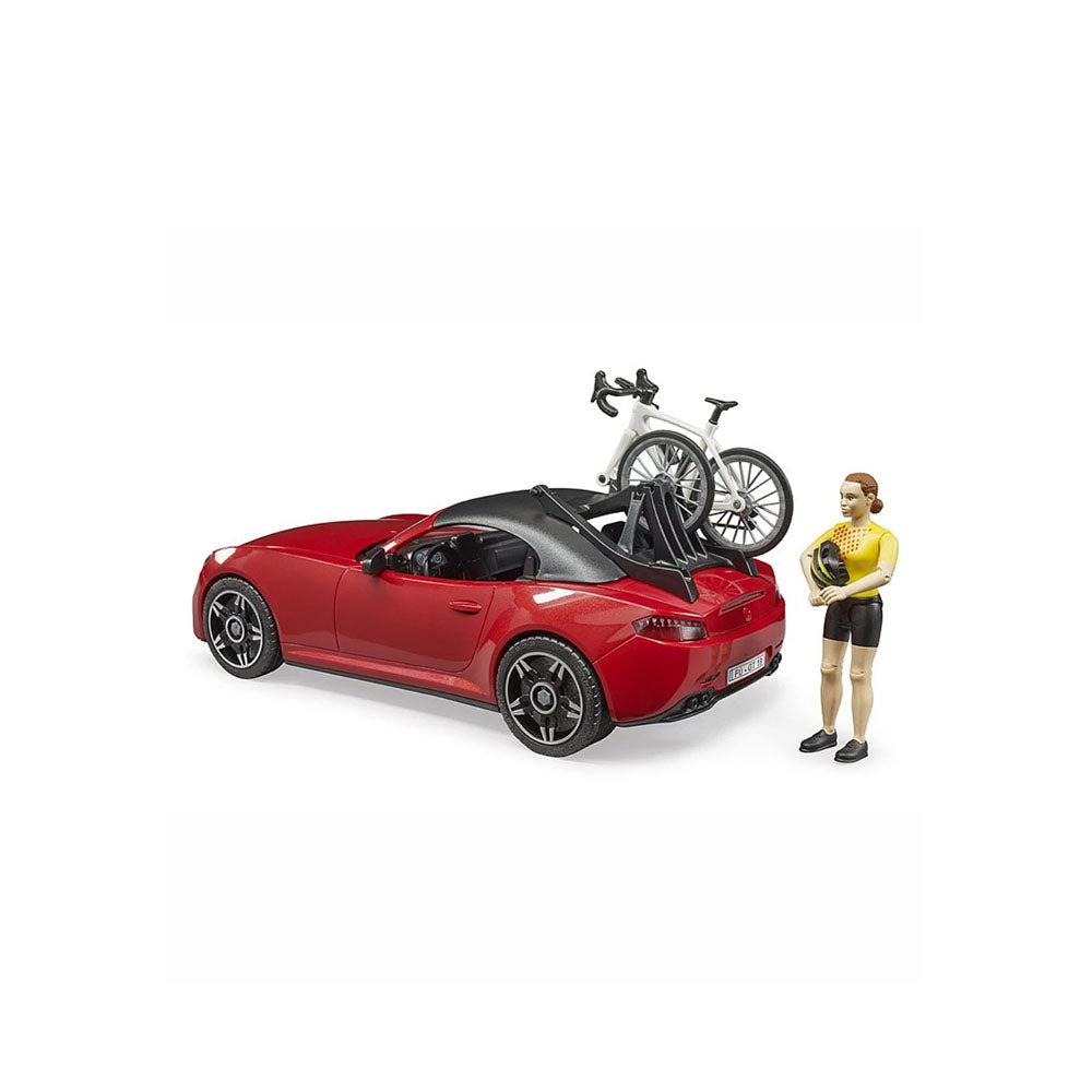 Bruder Licensed 1:16 Scale Detachable Roof Roadster Racing Car With 1 Road Bike + Cyclist