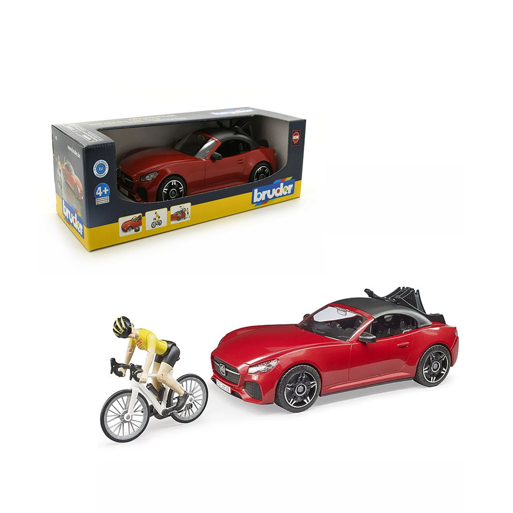 Bruder Licensed 1:16 Scale Detachable Roof Roadster Racing Car With 1 Road Bike + Cyclist