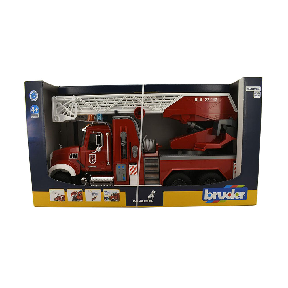 Bruder Licensed 1:16 Scale Mack Granite Fire Engine With Slewing Ladder & Water Pump Model Car Red