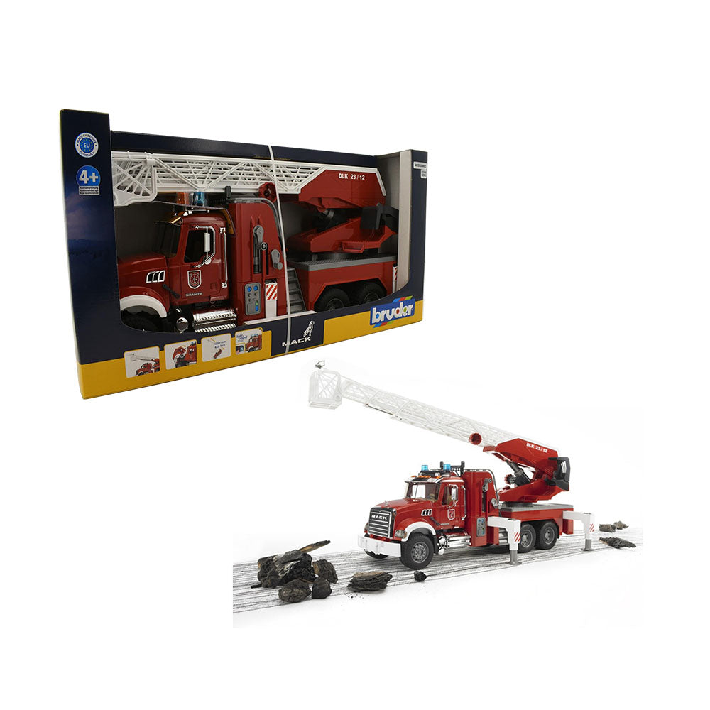 Bruder Licensed 1:16 Scale Mack Granite Fire Engine With Slewing Ladder & Water Pump Model Car Red