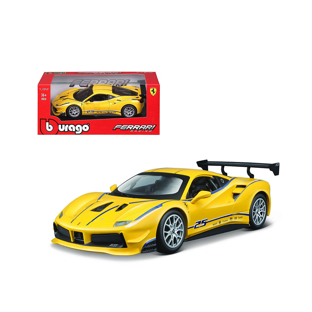 Bburago Licensed 1:24 Ferrari 488 Challenge #25 Yellow With Blue Stripes "Ferrari Racing"