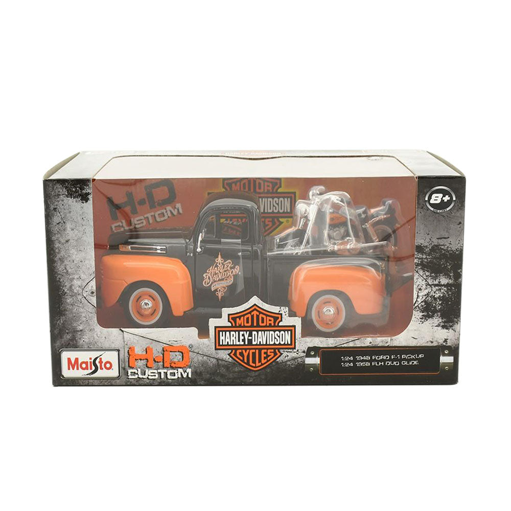 Maisto Licensed 1:24 Scale Ford F1 Pickup 1948 & Harley Davidson FLH Duo Glide 1958 Model Car
