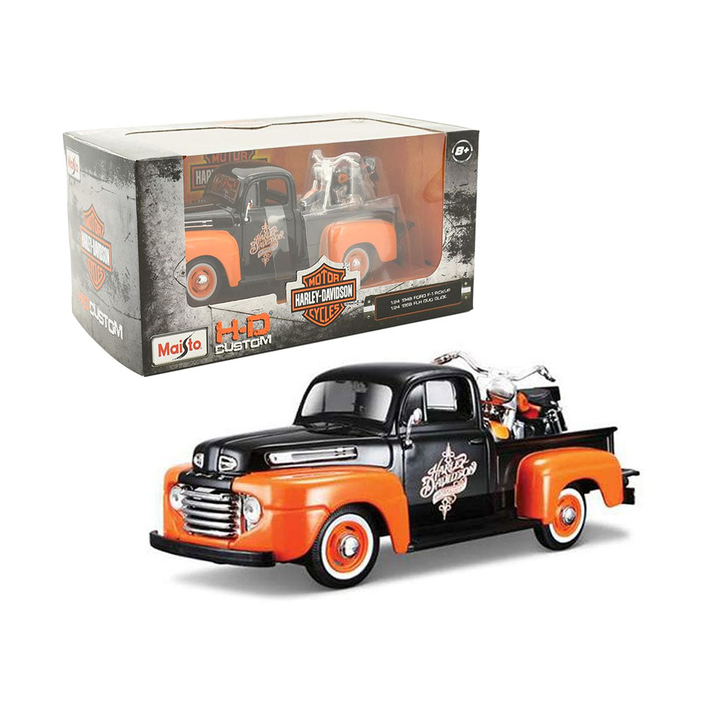 Maisto Licensed 1:24 Scale Ford F1 Pickup 1948 & Harley Davidson FLH Duo Glide 1958 Model Car