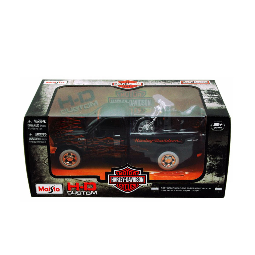Maisto Licensed 1:24 Scale Harley Davidson Ford 1999 F350 Pick Up + 2002 FXSTB Night Train Diecast Model Car