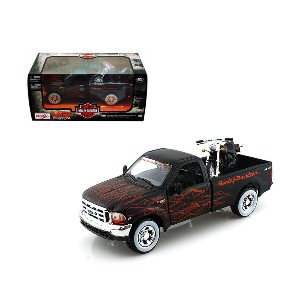 Maisto Licensed 1:24 Scale Harley Davidson Ford 1999 F350 Pick Up + 2002 FXSTB Night Train Diecast Model Car