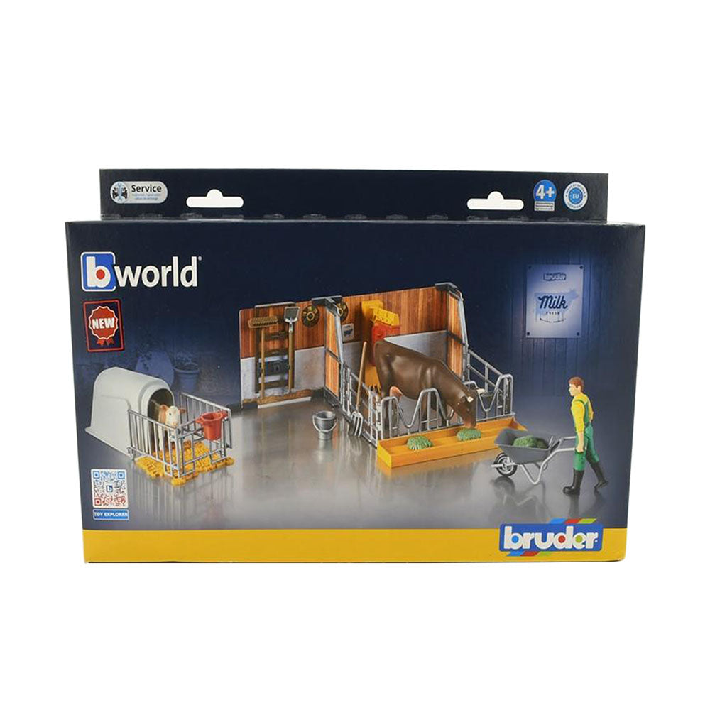 Bruder Licensed Bworld Cow & Calf In Barn With Farmer Model Toy