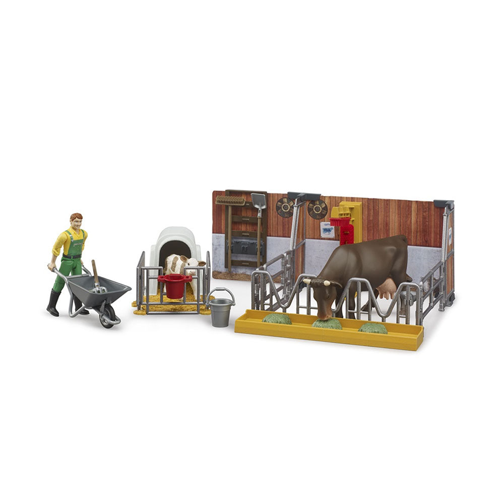 Bruder Licensed Bworld Cow & Calf In Barn With Farmer Model Toy