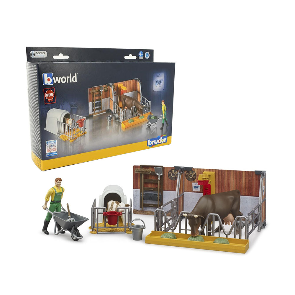 Bruder Licensed Bworld Cow & Calf In Barn With Farmer Model Toy