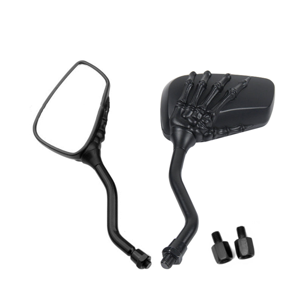 2Pcs Motorcycle Universal Black Rear View Mirrors Skeleton Bone Hand 8mm 10mm