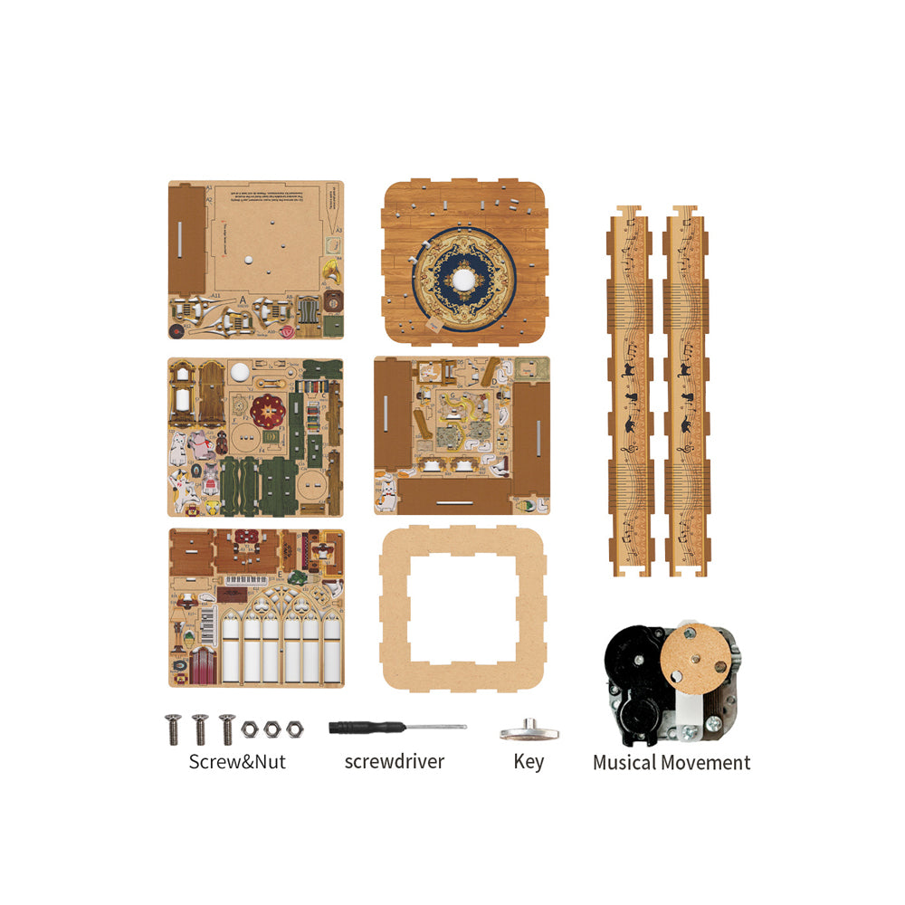 Tonecheer Cat's Family DIY Music Box 3D Wooden Puzzle Assembly Kit