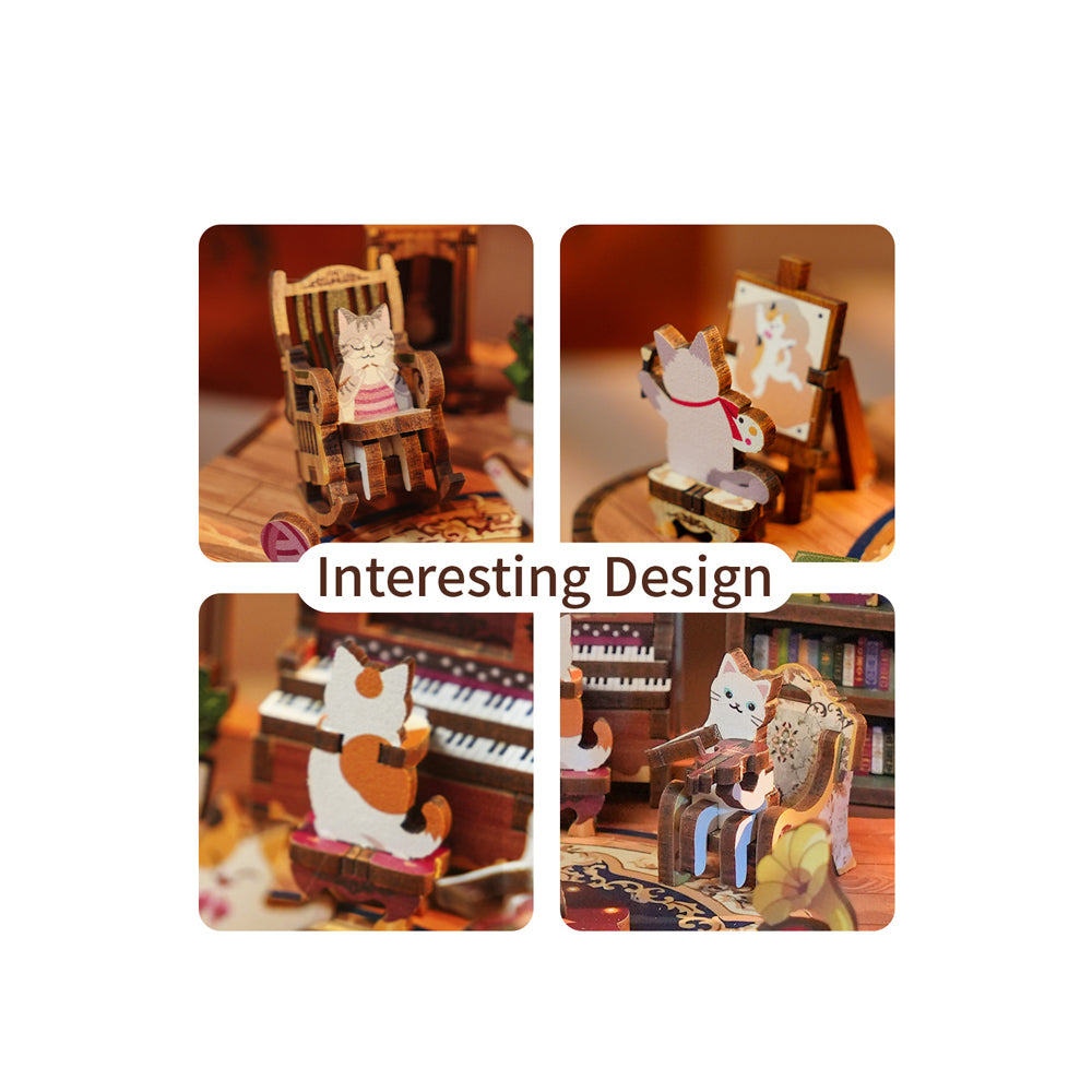 Tonecheer Cat's Family DIY Music Box 3D Wooden Puzzle Assembly Kit