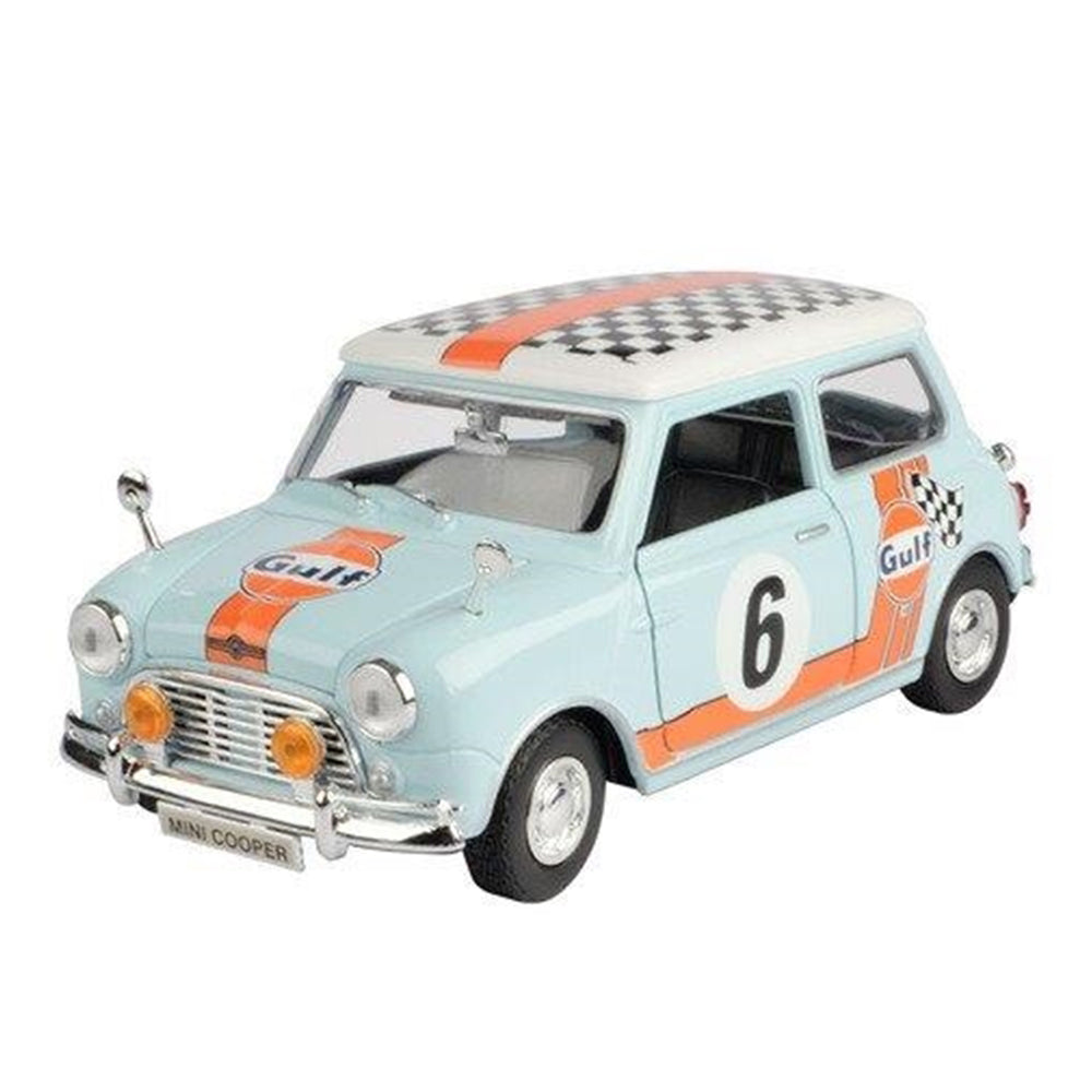 Motormax 1:18 Gulf Livery Morris Mini Cooper Light Blue With Checkered Top Model