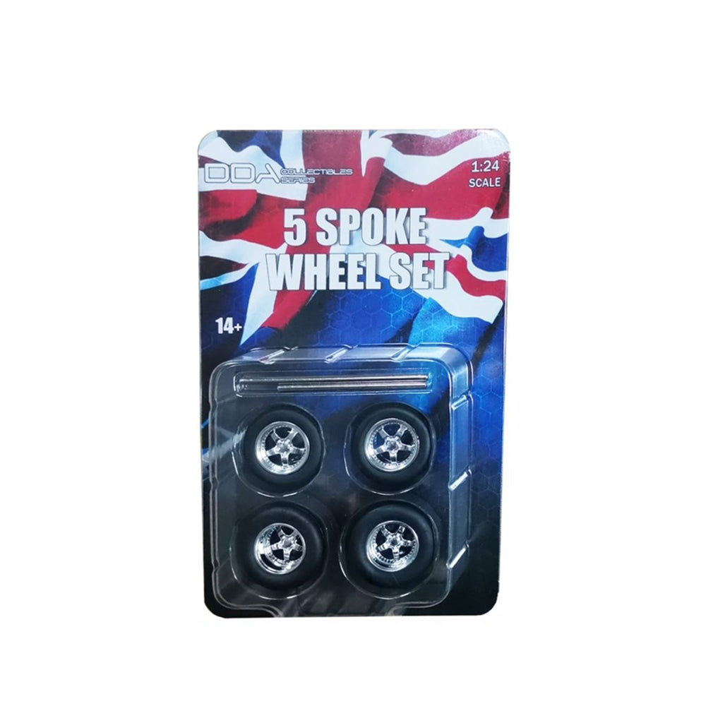 DDA 1:24 Scale 5 Spoke Chrome Wheels With Tyres & Axles Suits Holden HQ HJ Ford XW XY