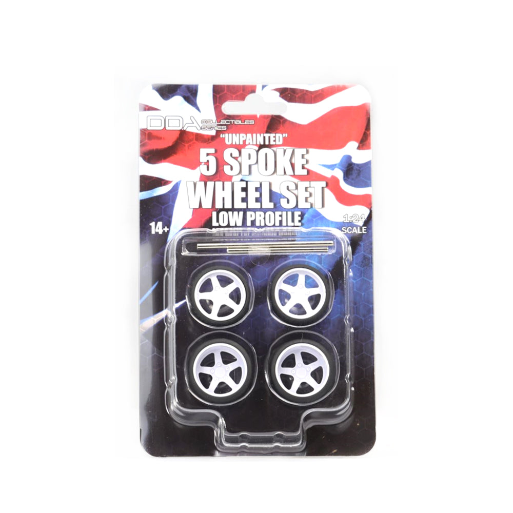DDA 1:24 Scale 4 x Low Profile Unpainted Injected White 5 Spoke Wheels & Tyres Axles