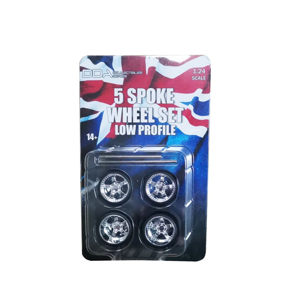 DDA 1:24 Scale 4 x Low Profile Chrome 5 Spoke Wheels w/Tyres & Axles For Ford XW & XY