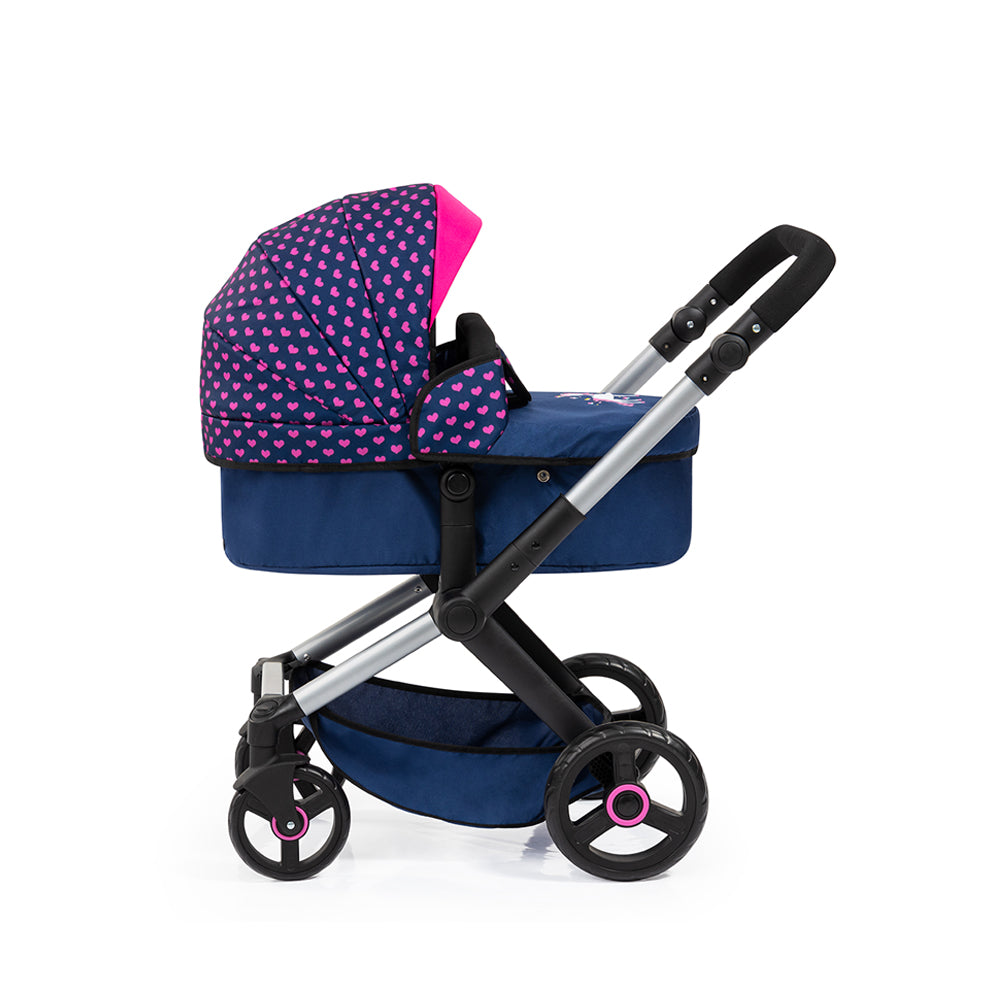 Bayer Doll Pram Foldable Xeo Compact For 52cm Dolls Dark Blue With Pink Hearts