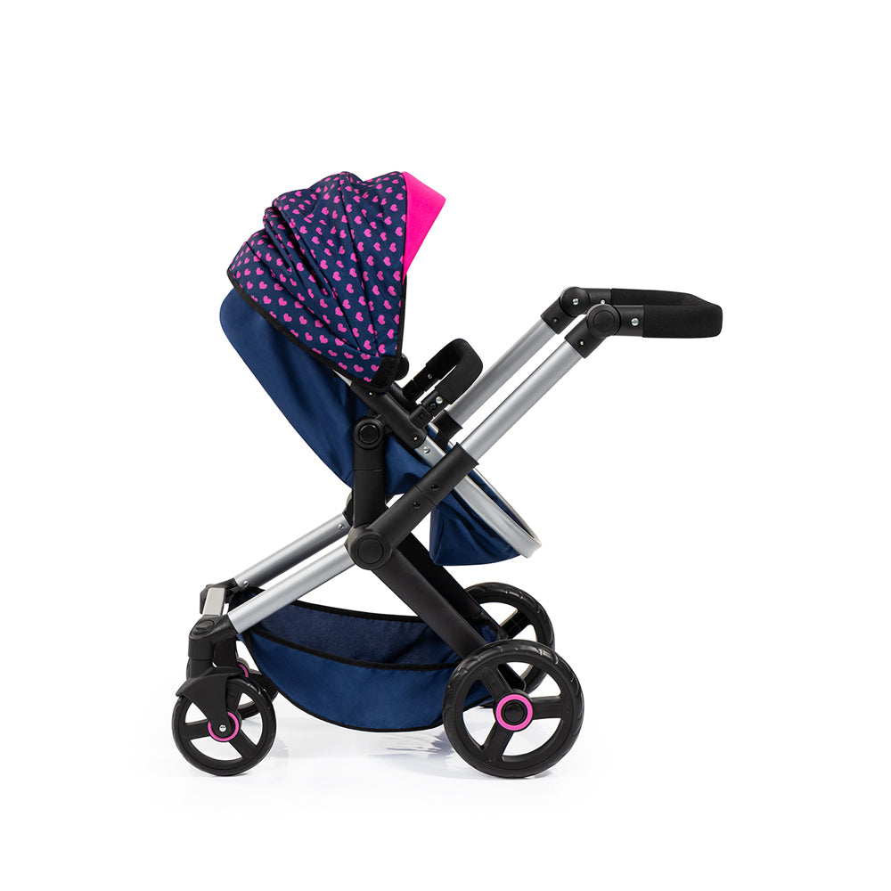 Bayer Doll Pram Foldable Xeo Compact For 52cm Dolls Dark Blue With Pink Hearts
