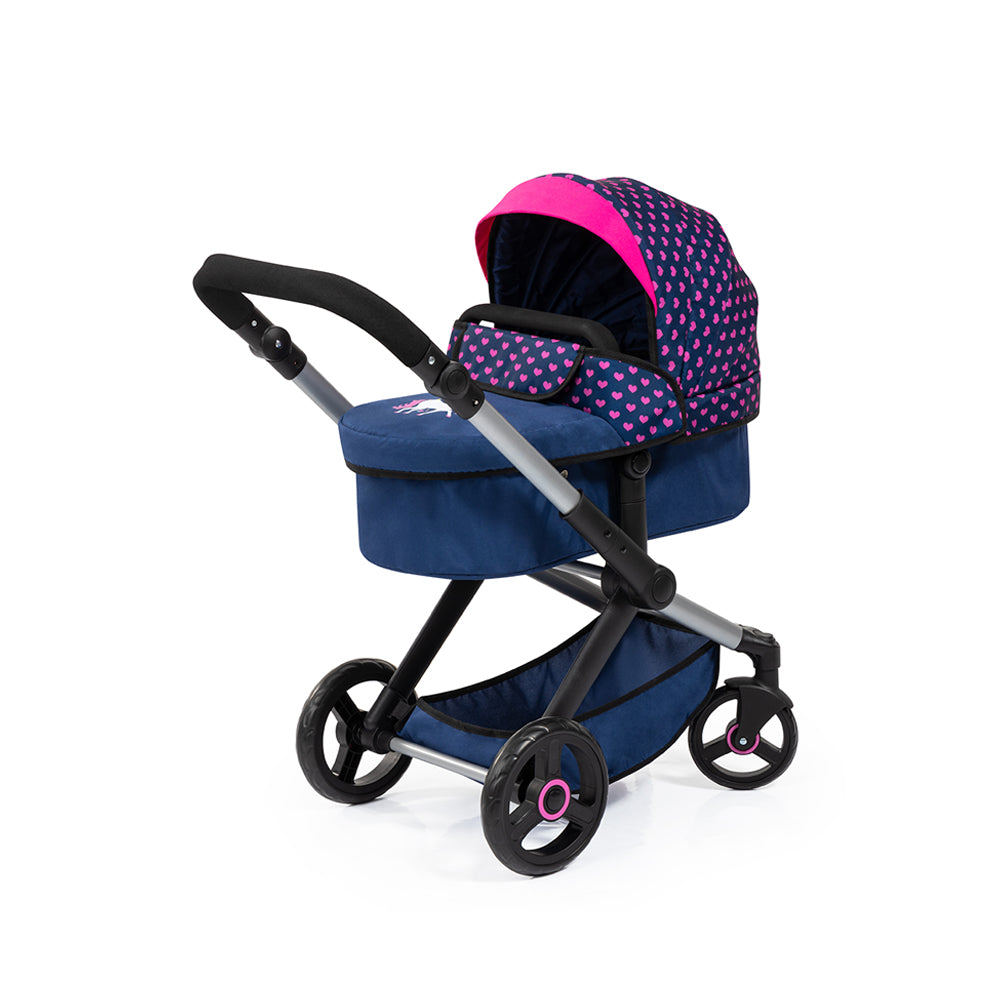 Bayer Doll Pram Foldable Xeo Compact For 52cm Dolls Dark Blue With Pink Hearts