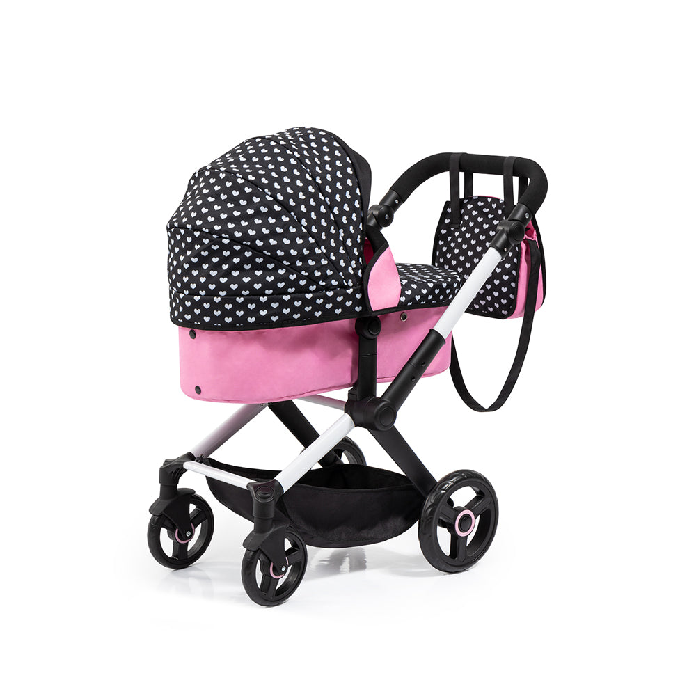Bayer Doll Pram Xeo Compact For 52cm Dolls Pink With White Hearts & Pink Bow