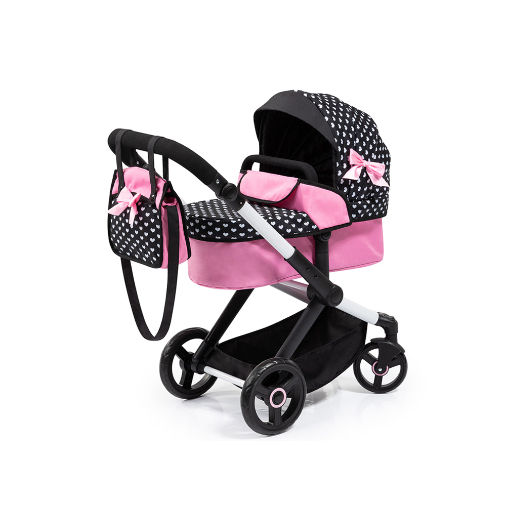 Bayer Doll Pram Xeo Compact For 52cm Dolls Pink With White Hearts & Pink Bow