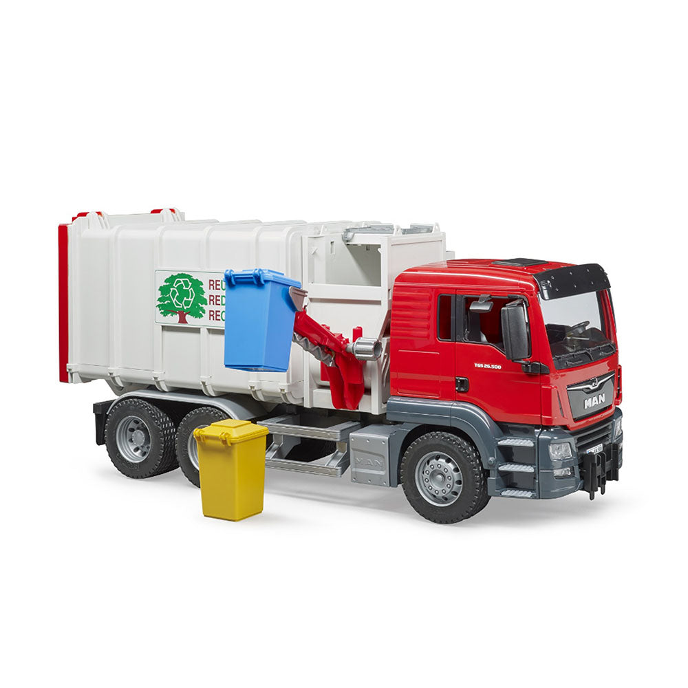 Bruder 1:16 Scale MAN TGS Side Loading Garbage Truck Red White Kids Model Toy