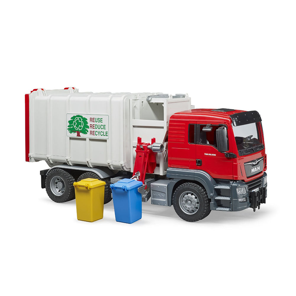 Bruder 1:16 Scale MAN TGS Side Loading Garbage Truck Red White Kids Model Toy