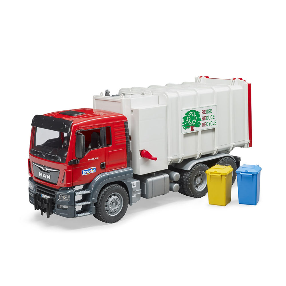 Bruder 1:16 Scale MAN TGS Side Loading Garbage Truck Red White Kids Model Toy