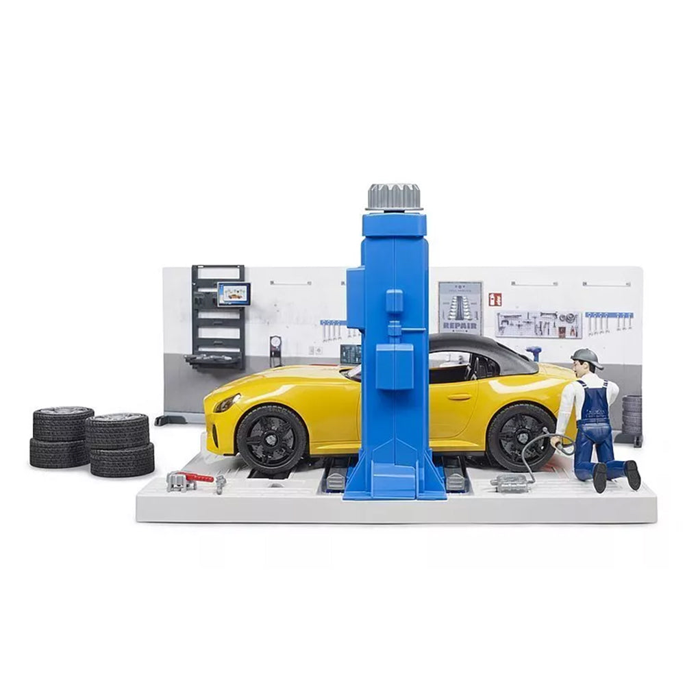 Bruder Bworld Car Service Centre Repair Shop With Roadster Figure & Hoist Model