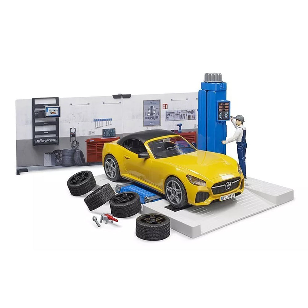 Bruder Bworld Car Service Centre Repair Shop With Roadster Figure & Hoist Model
