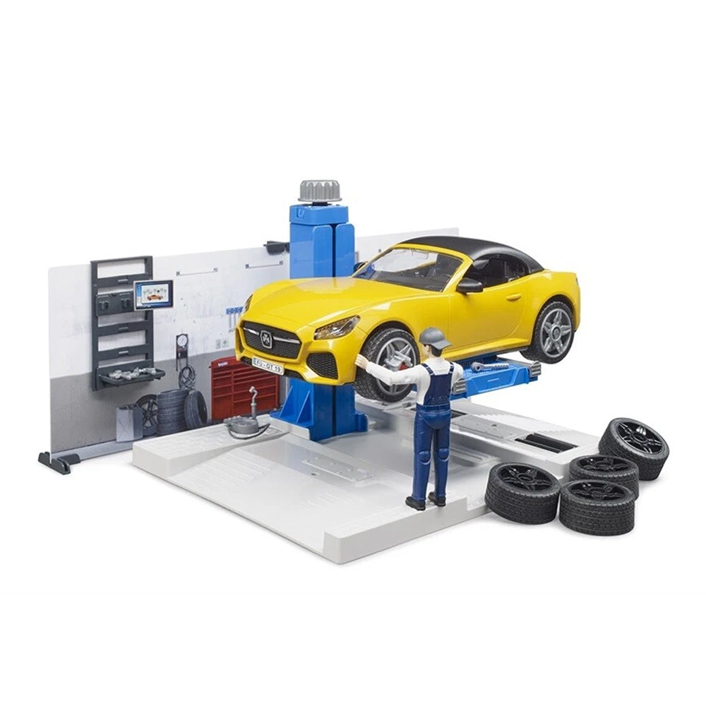 Bruder Bworld Car Service Centre Repair Shop With Roadster Figure & Hoist Model