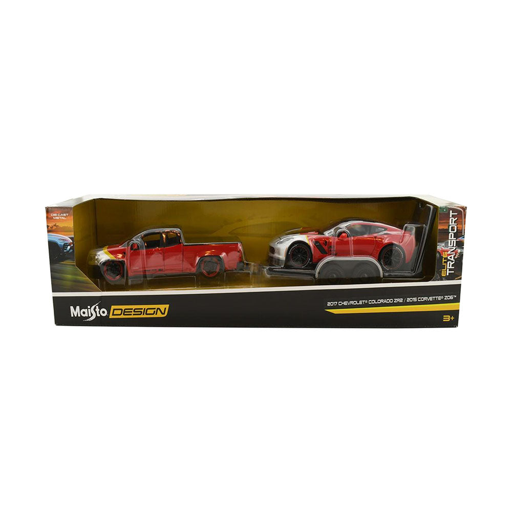 Maisto 1:24 Scale 2017 Chevrolet Colorado ZR2 & 2015 Corvette Z06 & Trailer Model Toy
