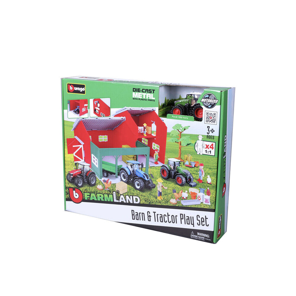 Bburago Farmland Farm Shed Playset With Tractor Diecast Model For Kids 3+
