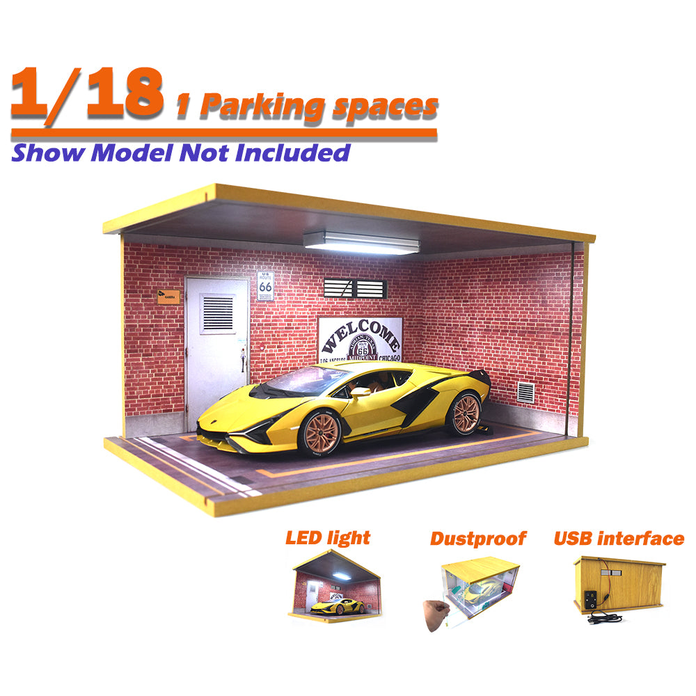 Car Garage Display Case With LED Lighting For 1:18 Scale Car Models Red Brick