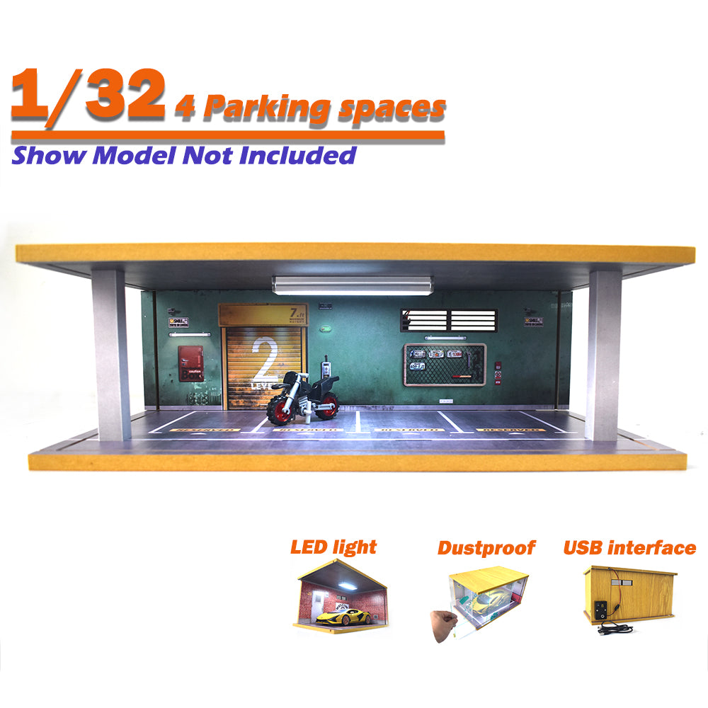 American Style Car Garage Model LED Lighting 4 car Spaces For 1:32 Scale Car