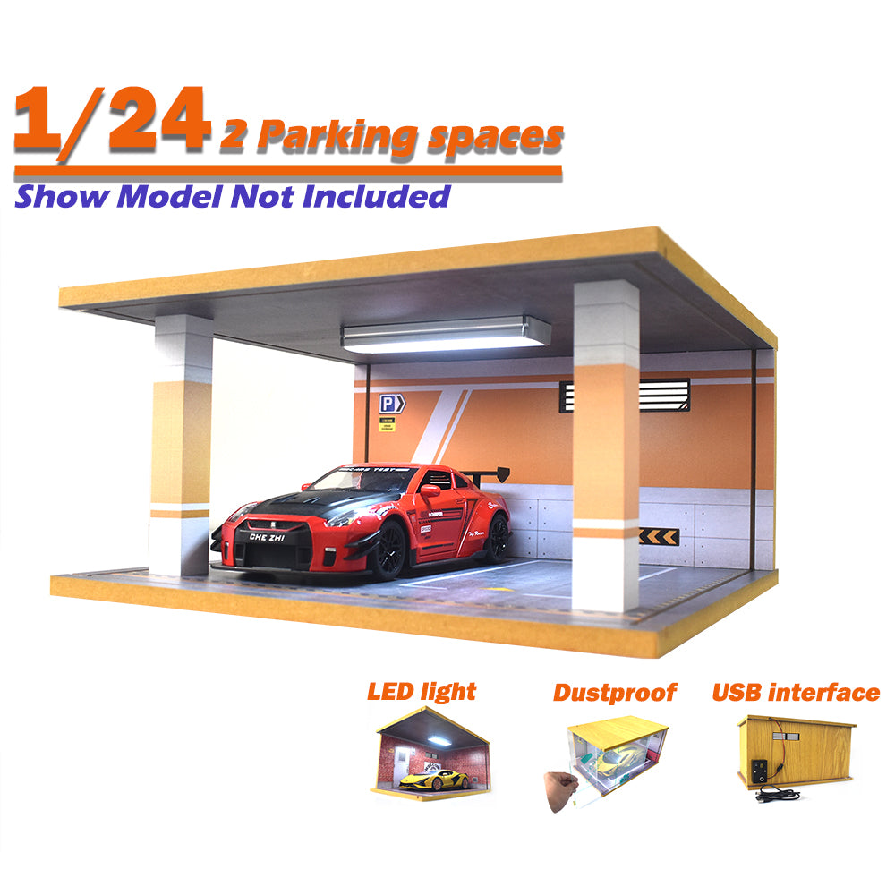 Realistic Car Garage Model 2 Parking With LED Lighting For 1:24 Scale Car Orange