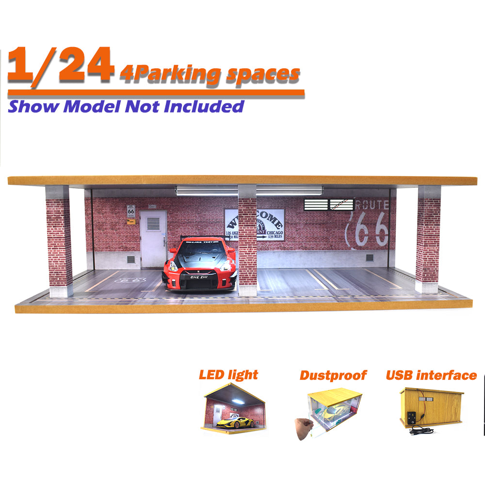 Realistic 4 Car Garage with LED Lighting for 1:24 Scale Car Models Red Brick